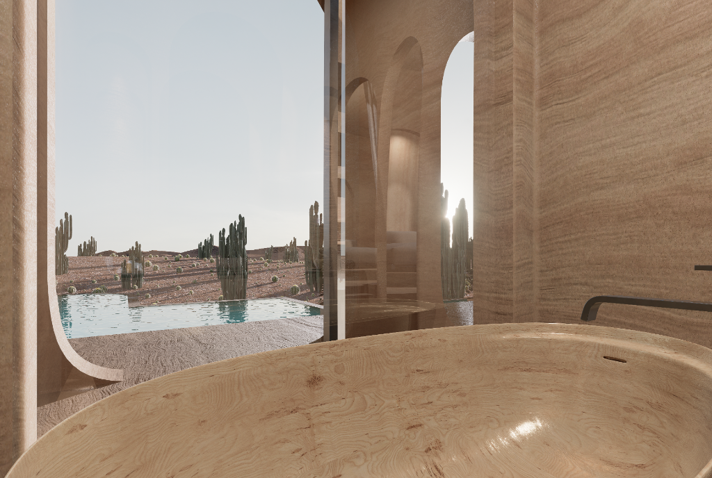 Stone bathtub with pool and desert view