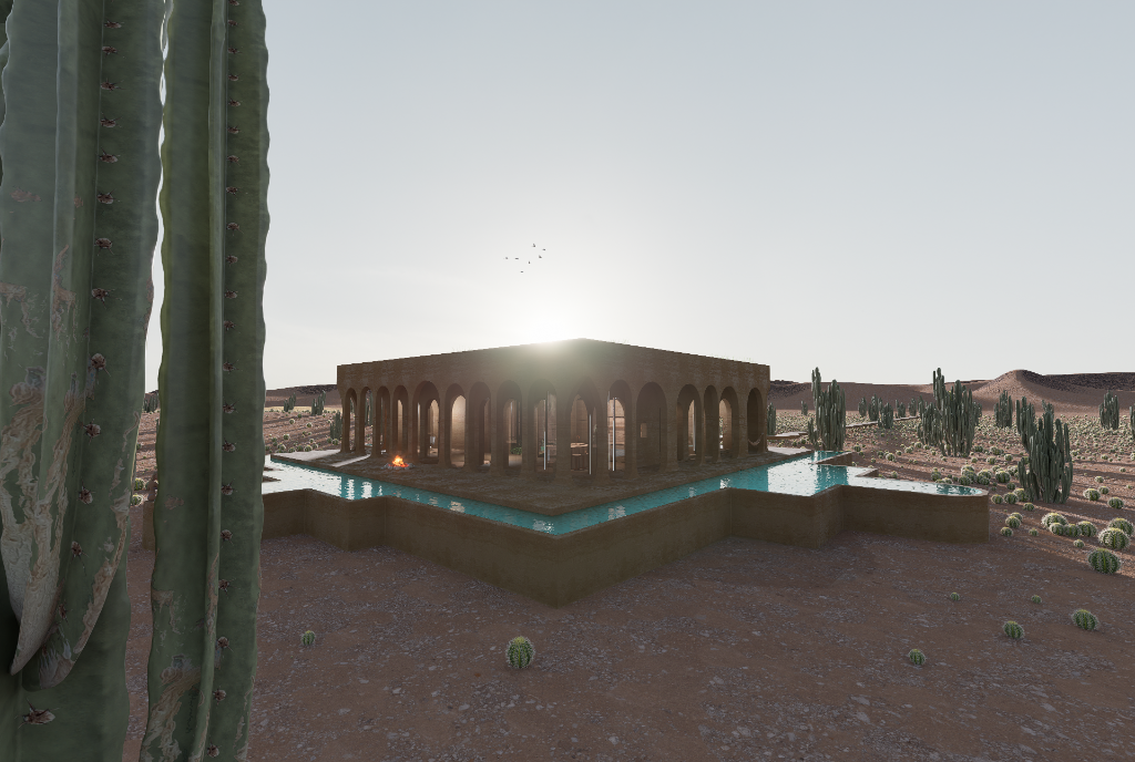 ELEMENTAL   Luxury custom home with contemporary arches, green roof and cactus landscape design