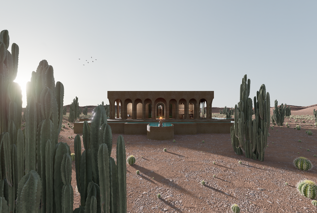 Elemental   arched facade amid cacti at golden hour
