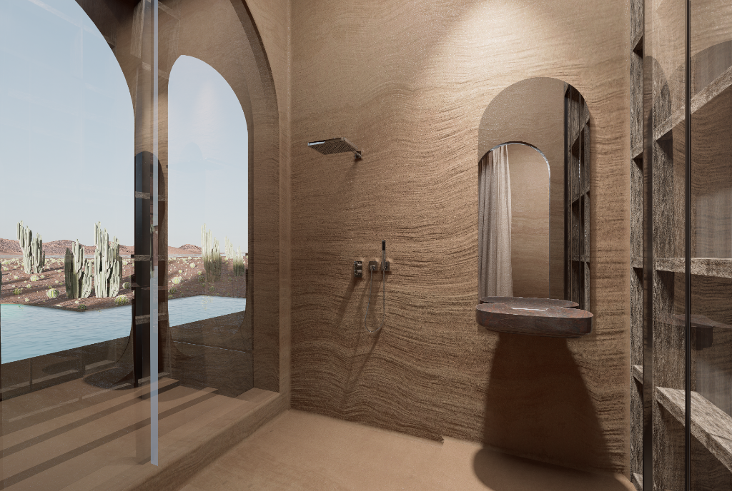 Italian shower with arched desert view