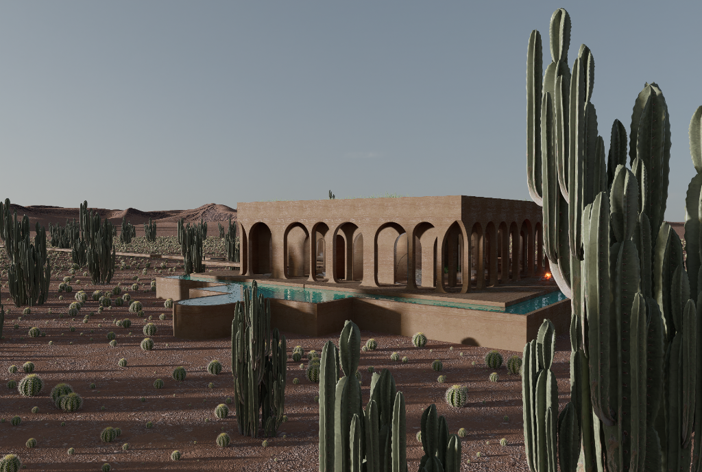 Side elevation with 360° pool and cacti