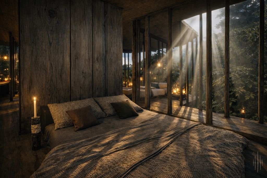 Cuatro Rumbos   bedroom with forest light rays