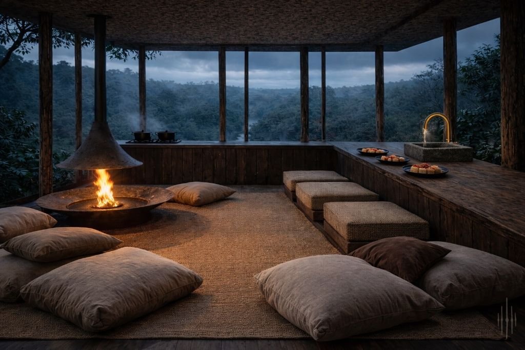 Cuatro Rumbos   kitchen terrace with fire bowl