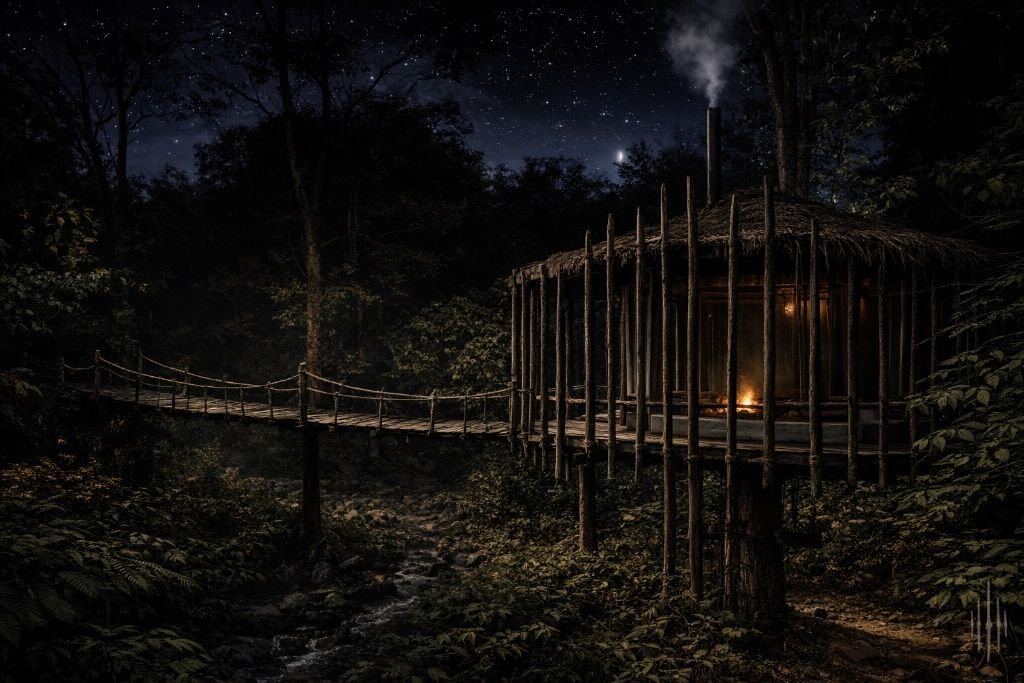 CUATRO RUMBOS   Night view of luxury jungle retreat with handcrafted timber and thatch construction