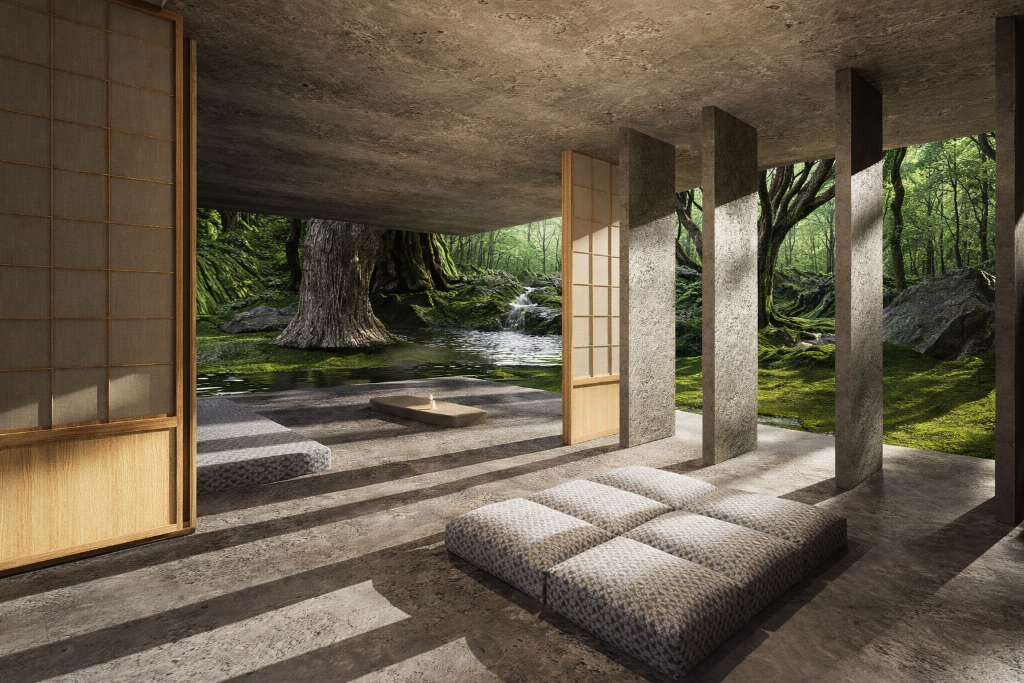 AMO NO OTO - Concrete pillars opening to forest