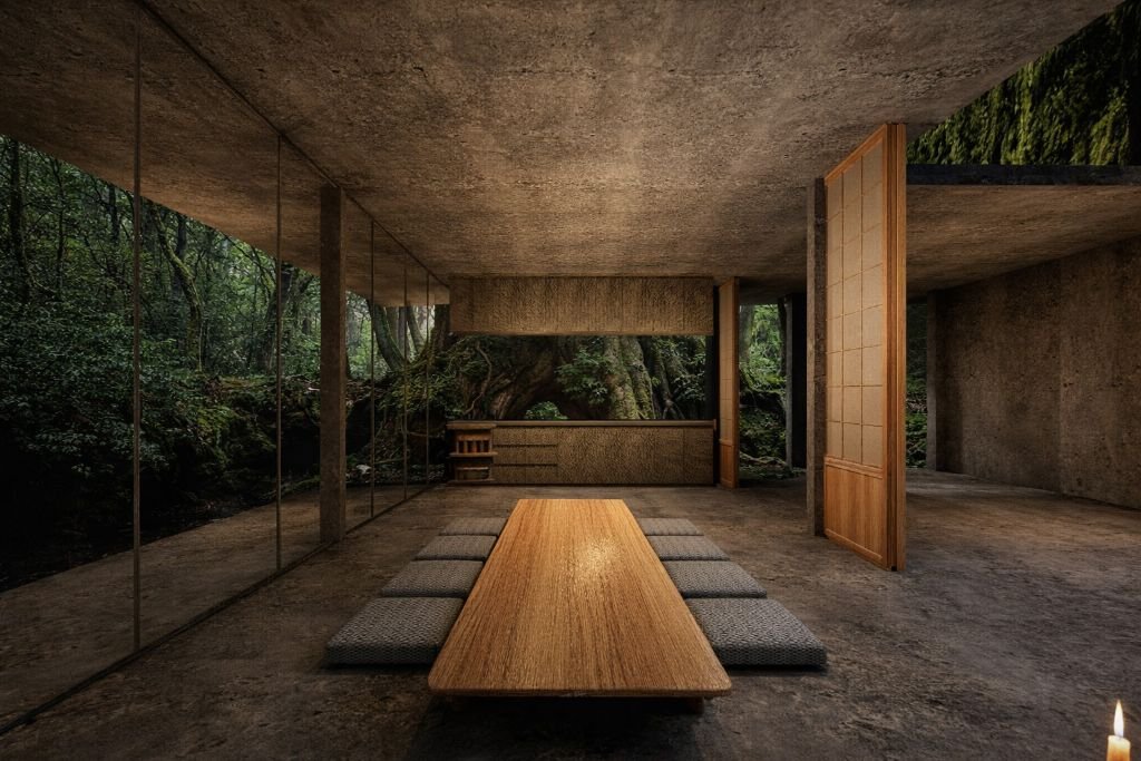 AMO NO OTO - Concrete pillars and forest integration
