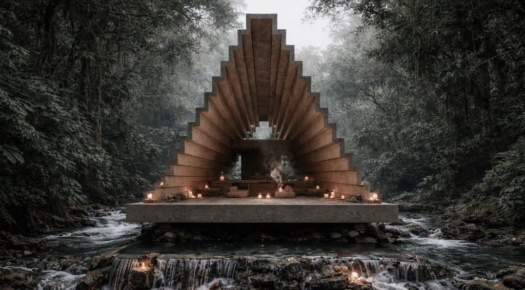 AYA   Wellness architecture with waterfall platform, thermal baths and biophilic interior design in tropical jungle