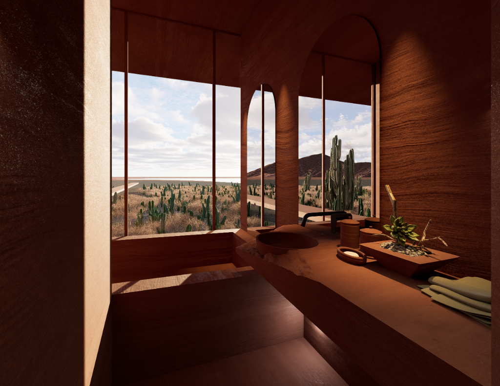 WIND WITHIN WALLS - Spa bathroom with desert views