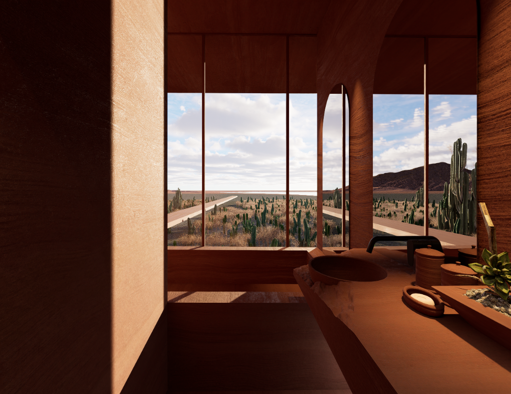 WIND WITHIN WALLS - Bathroom with desert views by day