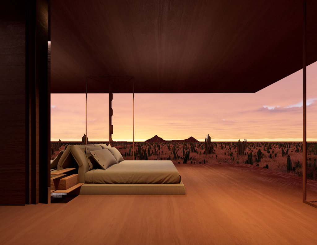 WIND WITHIN WALLS - Bedroom overlooking desert at dusk