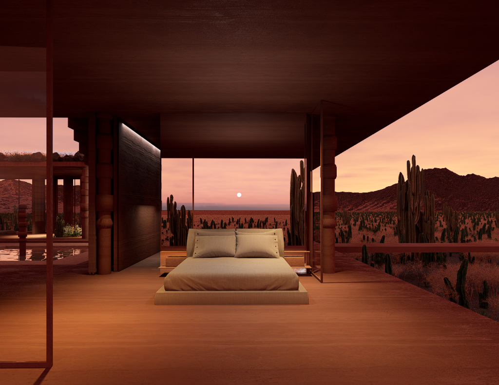 WIND WITHIN WALLS - Bedroom with sunset desert panorama