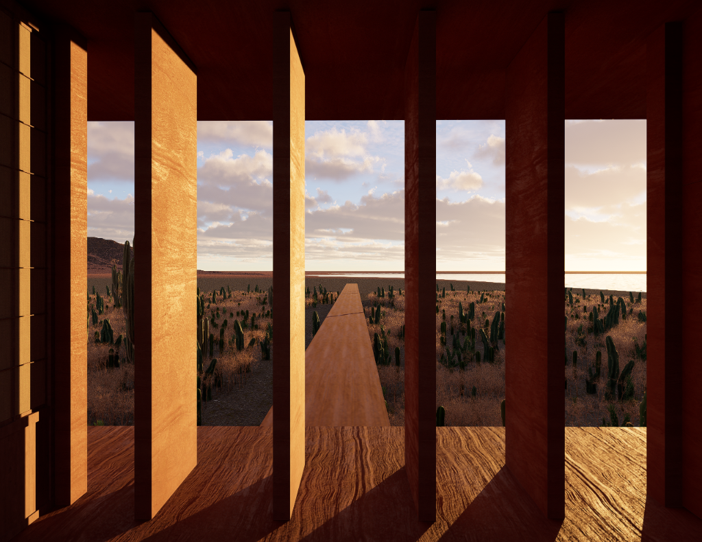 WIND WITHIN WALLS - Colonnade framing desert horizon