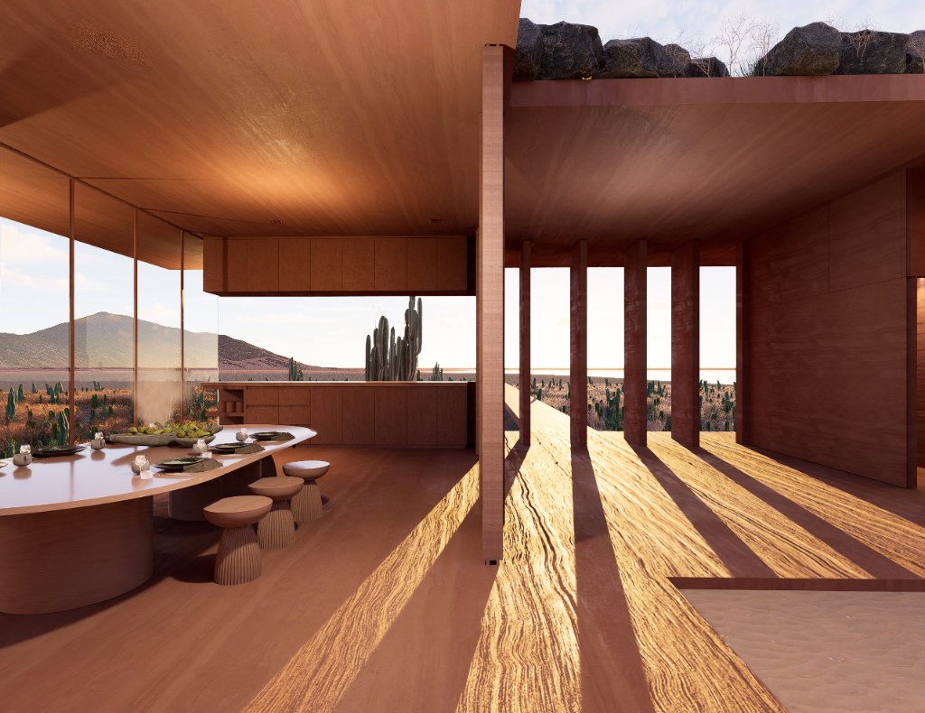 WIND WITHIN WALLS - Kitchen and terrace at sunrise