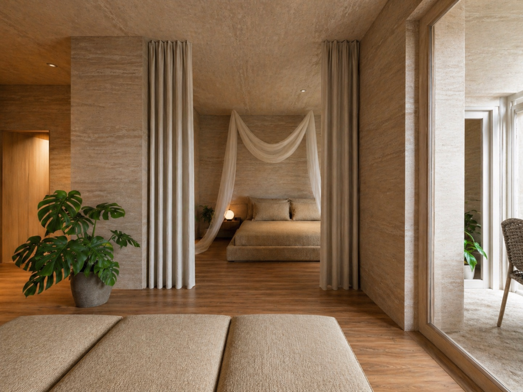 Slobona - rammed earth retreat with monstera plant and canopy bedroom, Serbia